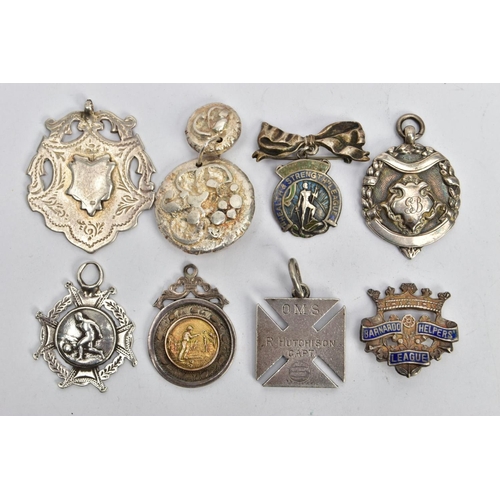 134 - SIX SILVER FOB MEDALS AND TWO OTHER ITEMS, five silver fob medals all with full silver hallmarks for... 