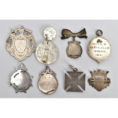 134 - SIX SILVER FOB MEDALS AND TWO OTHER ITEMS, five silver fob medals all with full silver hallmarks for... 