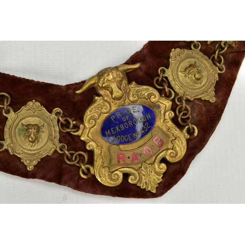 136 - TWO MASONIC COLLARS, the first a blue suede collar set with various metal enamelled medals, inside c... 