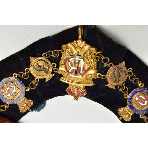 136 - TWO MASONIC COLLARS, the first a blue suede collar set with various metal enamelled medals, inside c... 