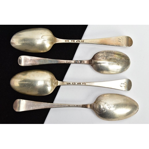 140 - FOUR SILVER TABLESPOONS, to include a Hanoverian style spoon detailed to the reverse of the bowl wit... 