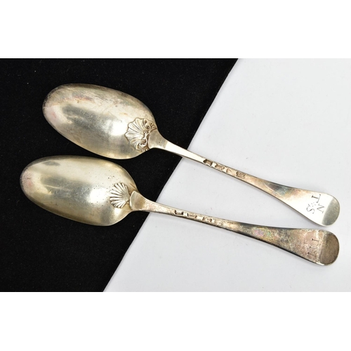 141 - TWO SILVER TABLESPOONS, each of an Hanoverian style, shell detail to the reverse of the bowls, engra... 