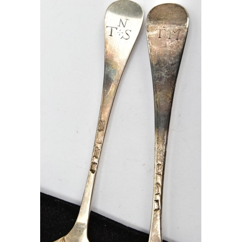 141 - TWO SILVER TABLESPOONS, each of an Hanoverian style, shell detail to the reverse of the bowls, engra... 