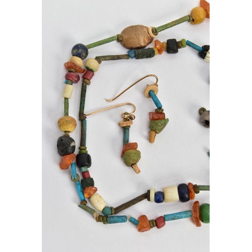 143 - AN ANCIENT EGYPTIAN FAIENCE BEAD NECKLACE, faience and hardstone beaded necklace also featuring a sc... 