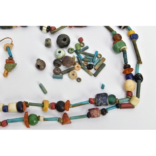 143 - AN ANCIENT EGYPTIAN FAIENCE BEAD NECKLACE, faience and hardstone beaded necklace also featuring a sc... 