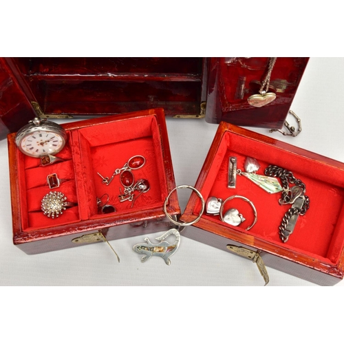 147 - A JEWELLERY BOX AND ASSORTED WHITE METAL JEWELLERY, to include two white metal and copal amber rings... 