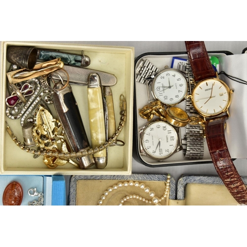 148 - A BOX OF ASSORTED ITEMS, to include five fruit knives, two white metal thimbles, brooches, imitation... 