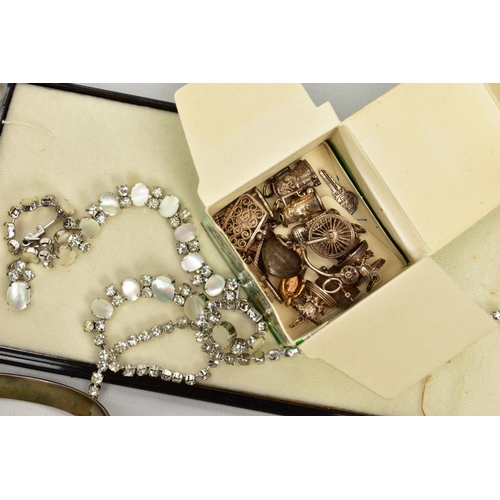 149 - A BOX OF ASSORTED COSTUME JEWELLERY, to include a small glass jewellery box a white metal oval locke... 