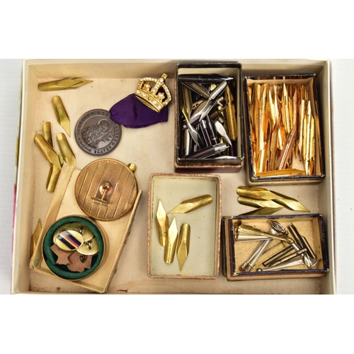 153 - A BOX OF ASSORTED ITEMS, to include a large quantity of fountain pen tips, many signed 'Joseph Gillo... 