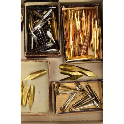 153 - A BOX OF ASSORTED ITEMS, to include a large quantity of fountain pen tips, many signed 'Joseph Gillo... 