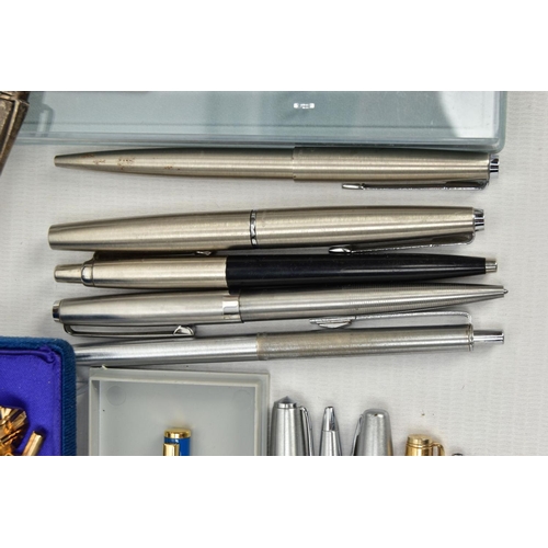 157 - A BOX OF ASSORTED PENS AND PENCILS, to include a silver 'Yard o Led' pencil, hallmarked 'YOL' London... 