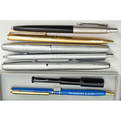 157 - A BOX OF ASSORTED PENS AND PENCILS, to include a silver 'Yard o Led' pencil, hallmarked 'YOL' London... 