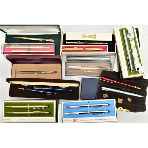 158 - A BOX OF ASSORTED PENS, to include boxed and unboxed pens such as a boxed two piece 'Cross' gold fil... 