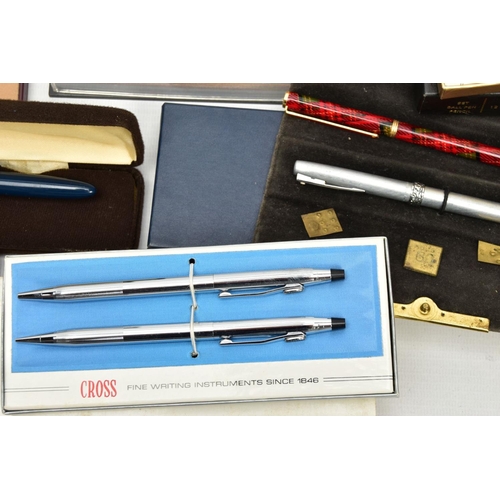 158 - A BOX OF ASSORTED PENS, to include boxed and unboxed pens such as a boxed two piece 'Cross' gold fil... 