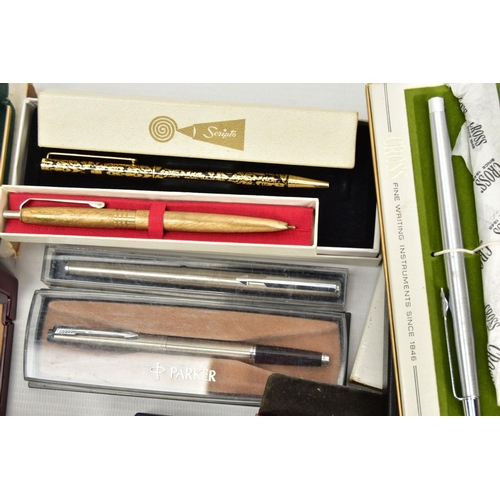 158 - A BOX OF ASSORTED PENS, to include boxed and unboxed pens such as a boxed two piece 'Cross' gold fil... 