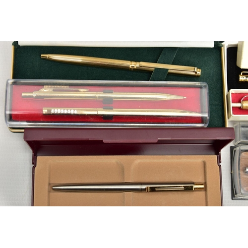 158 - A BOX OF ASSORTED PENS, to include boxed and unboxed pens such as a boxed two piece 'Cross' gold fil... 