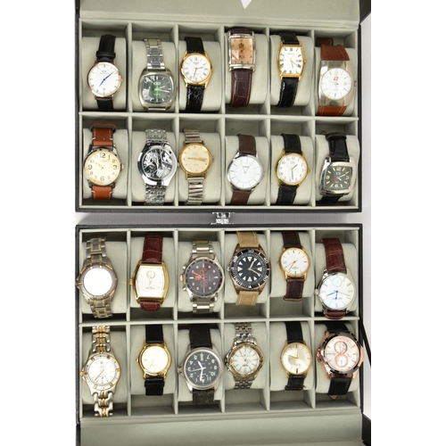 159 - TWO BLACK DISPLAY CASES OF WRISTWATCHES, each with a Perspex lid, with twelve cushions and wristwatc... 