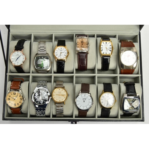 159 - TWO BLACK DISPLAY CASES OF WRISTWATCHES, each with a Perspex lid, with twelve cushions and wristwatc... 