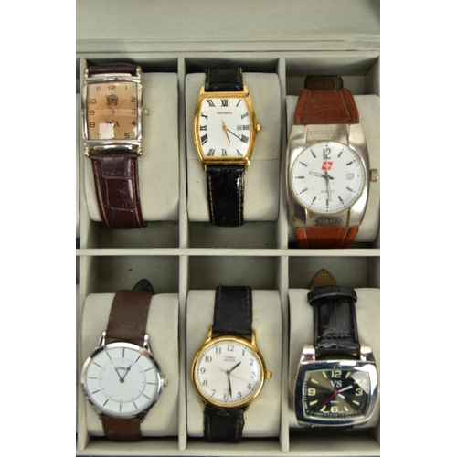 159 - TWO BLACK DISPLAY CASES OF WRISTWATCHES, each with a Perspex lid, with twelve cushions and wristwatc... 