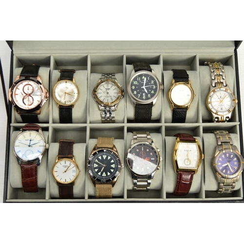 159 - TWO BLACK DISPLAY CASES OF WRISTWATCHES, each with a Perspex lid, with twelve cushions and wristwatc... 