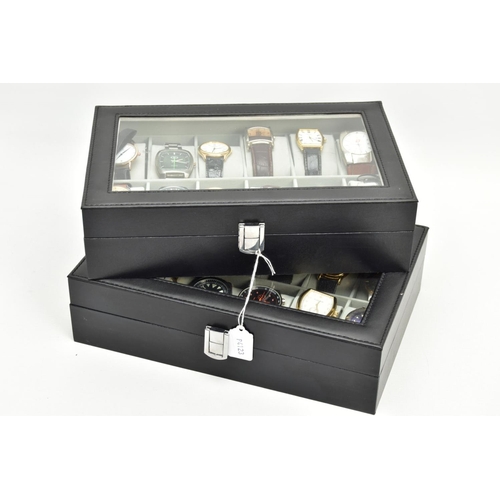 159 - TWO BLACK DISPLAY CASES OF WRISTWATCHES, each with a Perspex lid, with twelve cushions and wristwatc... 