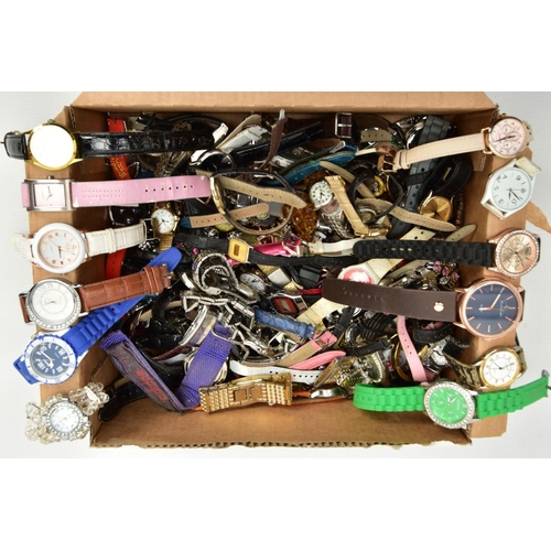 160 - A BOX OF ASSORTED LADIES, GENTS AND CHILDRENS FASHION WRISTWATCHES, used conditions, mostly quartz m... 