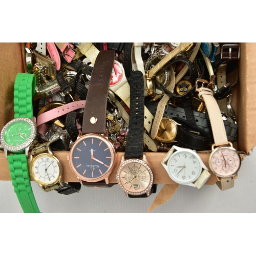 160 - A BOX OF ASSORTED LADIES, GENTS AND CHILDRENS FASHION WRISTWATCHES, used conditions, mostly quartz m... 