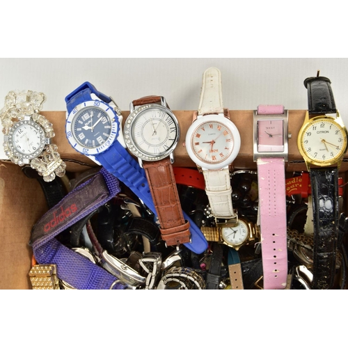 160 - A BOX OF ASSORTED LADIES, GENTS AND CHILDRENS FASHION WRISTWATCHES, used conditions, mostly quartz m... 