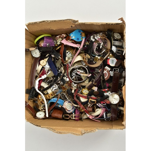 161 - A BOX OF ASSORTED LADIES, GENTS AND CHILDRENS FASHION WRISTWATCHES, used conditions, mostly quartz m... 