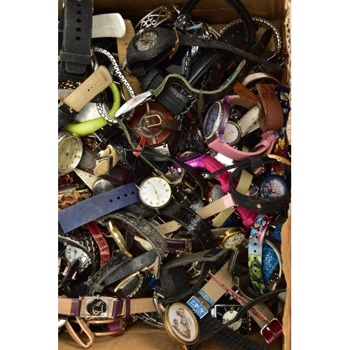 161 - A BOX OF ASSORTED LADIES, GENTS AND CHILDRENS FASHION WRISTWATCHES, used conditions, mostly quartz m... 