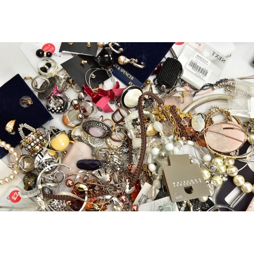 163 - A BOX OF ASSORTED COSTUME JEWELLERY, to include three signed Marcel Wanders rings, with other assort... 