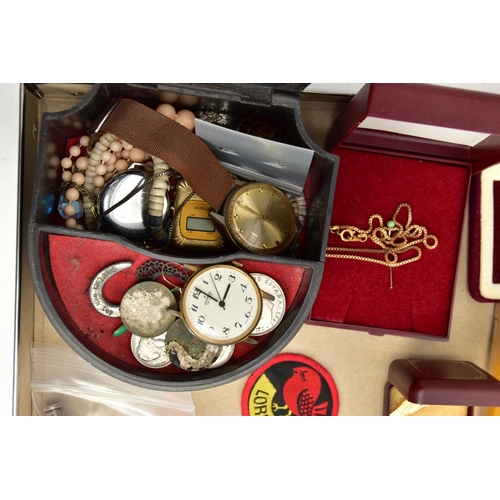 164 - A BOX OF ASSORTED COSTUME JEWELLERY, to include a small black floral detailed jewellery box with con... 