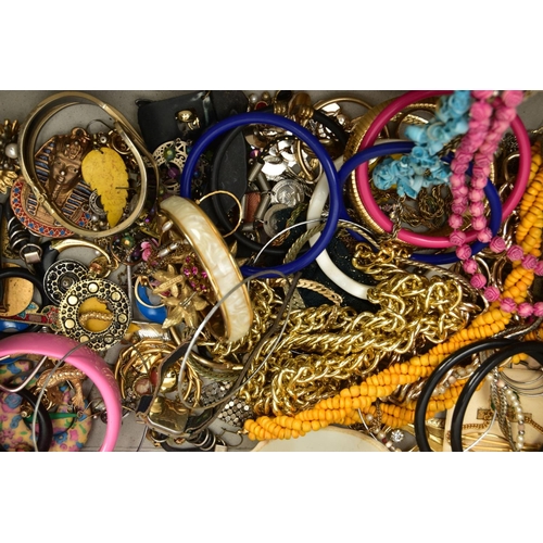 164 - A BOX OF ASSORTED COSTUME JEWELLERY, to include a small black floral detailed jewellery box with con... 