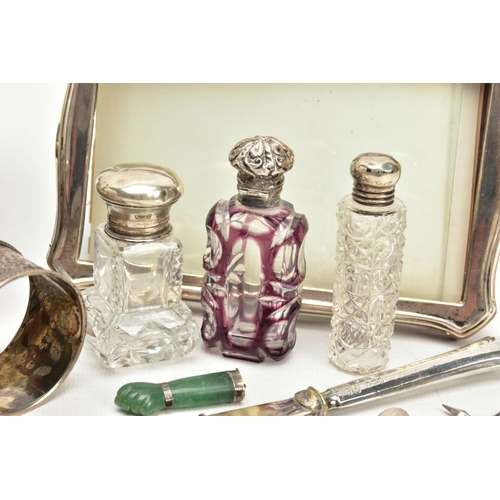 167 - A BOX OF SILVER AND OTHER ITEMS, to include a pair of 9ct white gold sapphire and diamond cluster ea... 