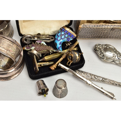 167 - A BOX OF SILVER AND OTHER ITEMS, to include a pair of 9ct white gold sapphire and diamond cluster ea... 