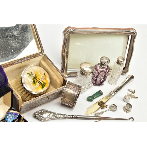 167 - A BOX OF SILVER AND OTHER ITEMS, to include a pair of 9ct white gold sapphire and diamond cluster ea... 