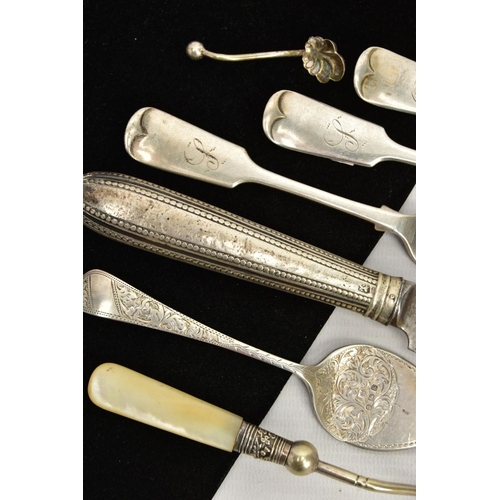 169 - A SELECTION OF SILVER CUTLERY, to include three old English pattern forks, each with an engraved ini... 