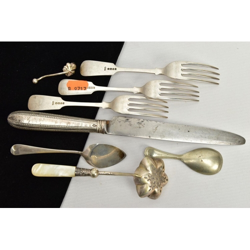 169 - A SELECTION OF SILVER CUTLERY, to include three old English pattern forks, each with an engraved ini... 