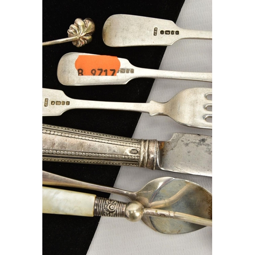 169 - A SELECTION OF SILVER CUTLERY, to include three old English pattern forks, each with an engraved ini... 