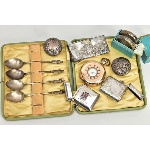 170 - A BOX OF ASSORTED SILVER ITEMS, to include a silver vesta, detailed with a foliage pattern, hallmark... 