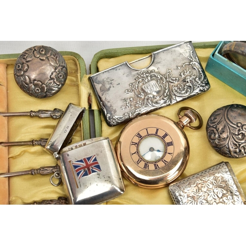 170 - A BOX OF ASSORTED SILVER ITEMS, to include a silver vesta, detailed with a foliage pattern, hallmark... 