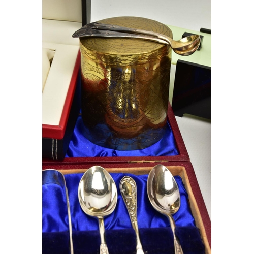 173 - THREE SILVER SPOONS, A GENTS WENGER WRISTWATCH AND OTHER ITEMS, two matching silver spoons engraved ... 