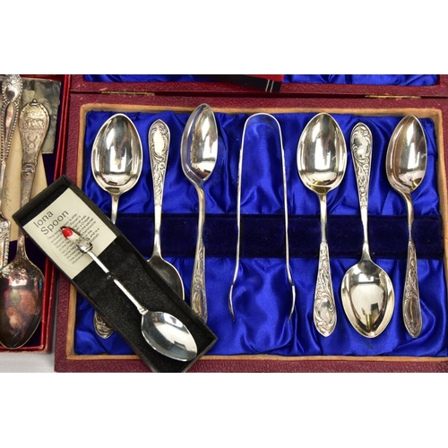 173 - THREE SILVER SPOONS, A GENTS WENGER WRISTWATCH AND OTHER ITEMS, two matching silver spoons engraved ... 