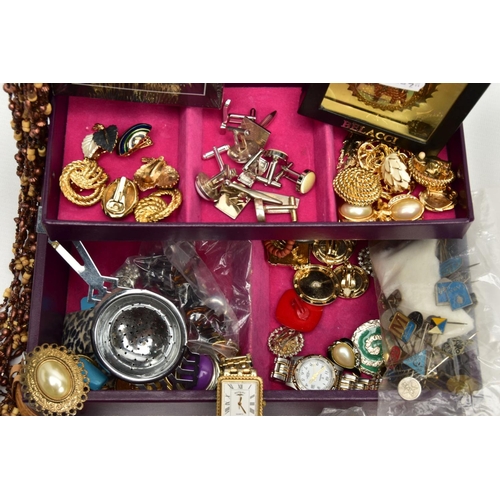 175 - A JEWELLERY BOX OF ASSORTED COSTUME JEWELLERY, to include a selection of clip on earrings, brooches,... 