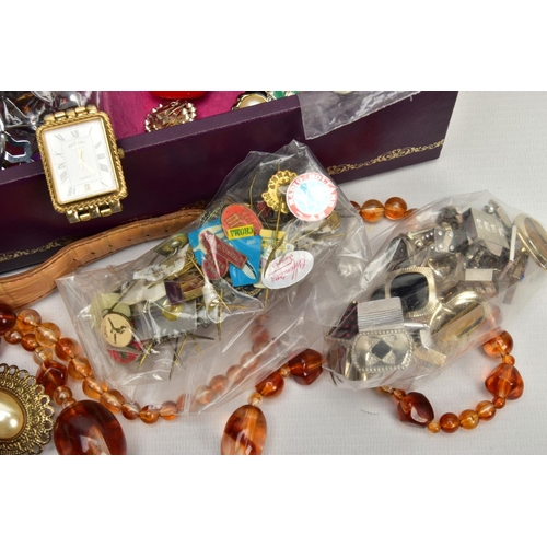 175 - A JEWELLERY BOX OF ASSORTED COSTUME JEWELLERY, to include a selection of clip on earrings, brooches,... 