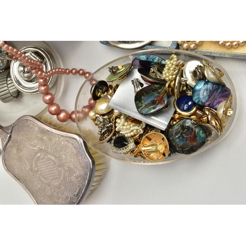 176 - A BOX OF ASSORTED COSTUME JEWELLERY AND OTHER ITEMS, to include a three piece silver plated vanity s... 