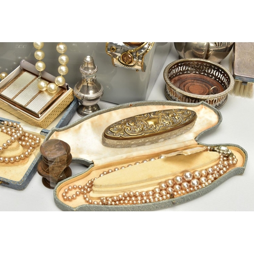 176 - A BOX OF ASSORTED COSTUME JEWELLERY AND OTHER ITEMS, to include a three piece silver plated vanity s... 