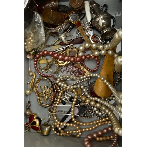 176 - A BOX OF ASSORTED COSTUME JEWELLERY AND OTHER ITEMS, to include a three piece silver plated vanity s... 