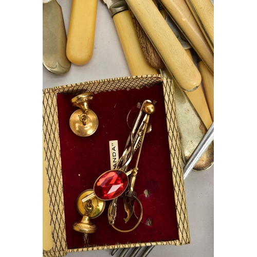 178 - A BOX OF SILVER FOB MEDALS, FASHION WRISTWATCHES AND CUTLERY, a small quantity of silver enamelled f... 