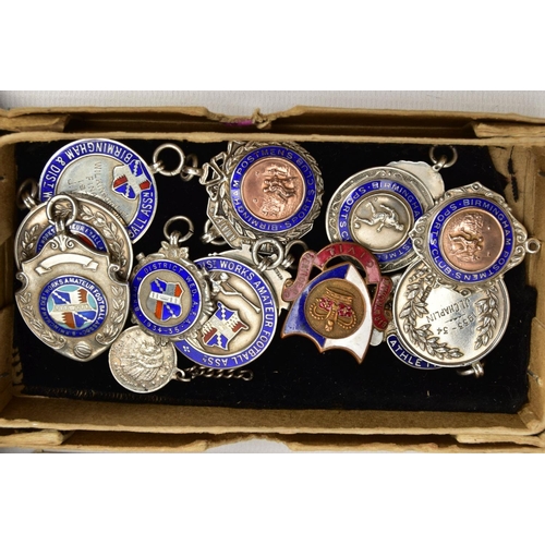 178 - A BOX OF SILVER FOB MEDALS, FASHION WRISTWATCHES AND CUTLERY, a small quantity of silver enamelled f... 